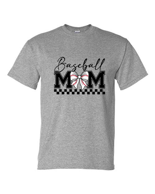 Baseball Mom Bow - Front and Back - Grey- Tshirt, Longsleeve T, Crewneck, or Hooded Sweatshirt