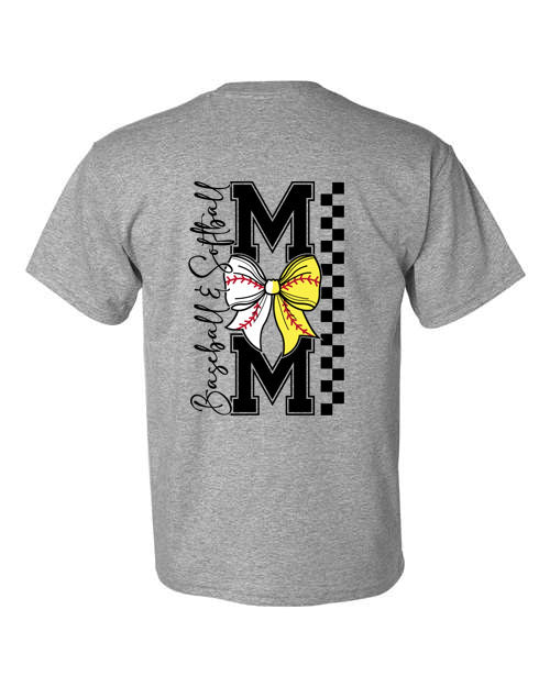 Baseball and Softball Mom Bow - Mom of Both - Front and Back - Grey- Tshirt, Longsleeve T, Crewneck, or Hooded Sweatshirt