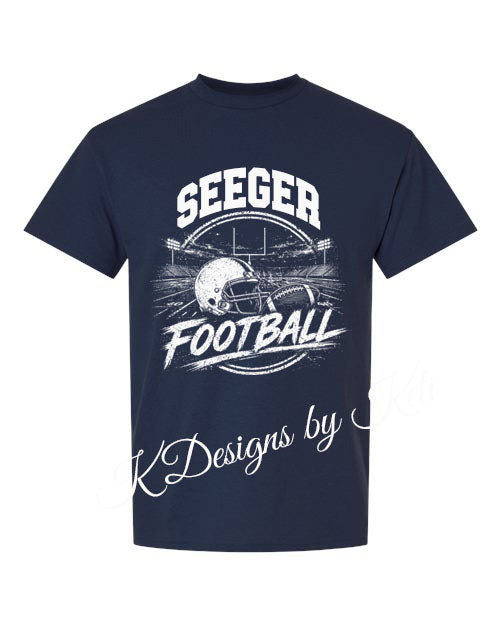 Seeger Football - Distressed - Navy - T-Shirt, Long Sleeve T-shirt, Crew Neck or Hooded Sweatshirt