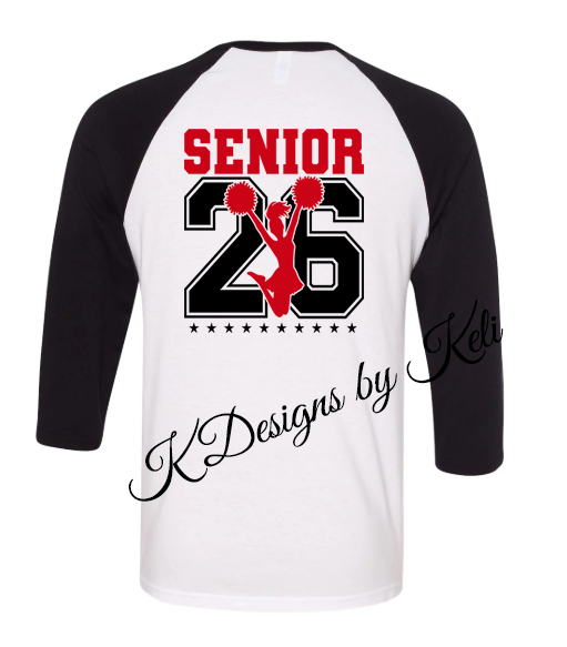 Senior Cheer - Red and Black - T- shirt, Long sleeve T, Crewneck, or Hooded Sweatshirt, Baseball T
