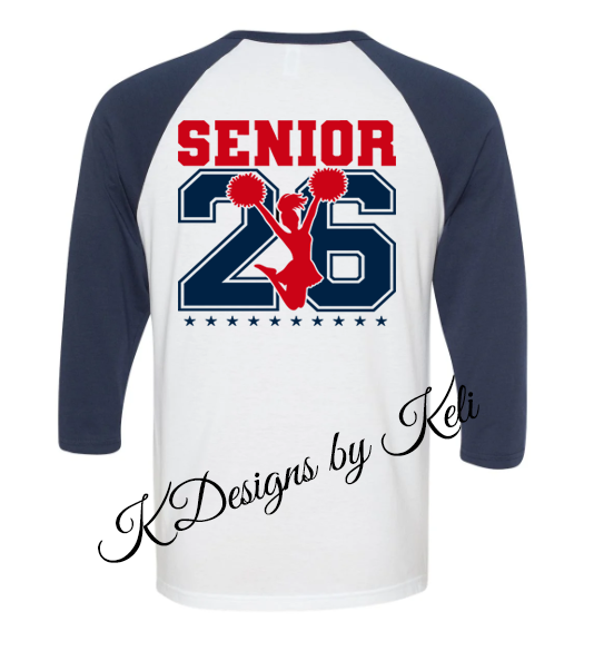 Senior Cheer - Red and Navy - T- shirt, Long sleeve T, Crewneck, or Hooded Sweatshirt, Baseball T