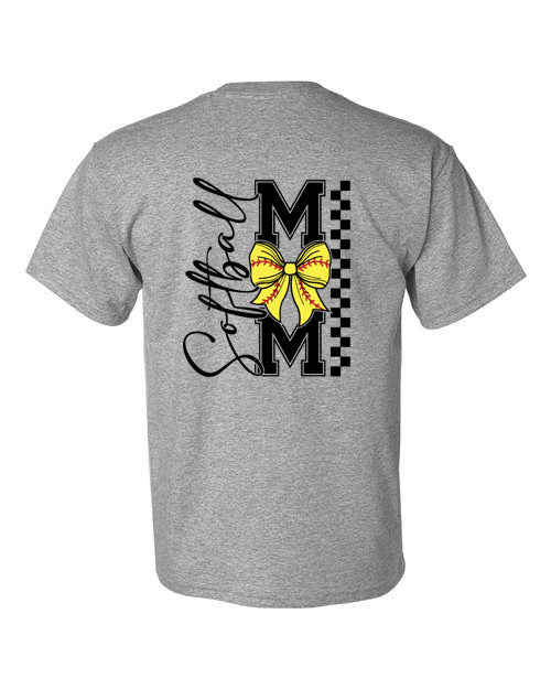 Softball Mom Bow - Front and Back - Grey- Tshirt, Longsleeve T, Crewneck, or Hooded Sweatshirt