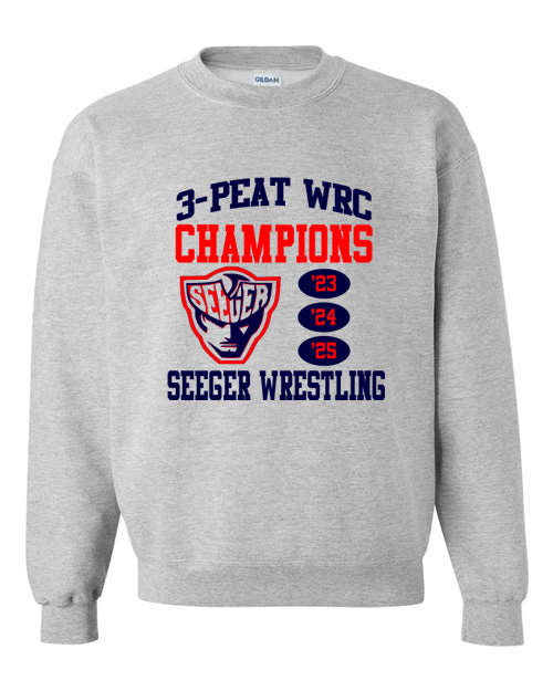 Seeger Wrestling - 3-PEAT WRC Champions  - T-Shirt, Long Sleeve T-shirt, Crew Neck or Hooded Sweatshirt
