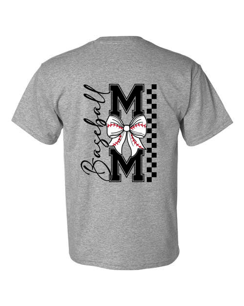 Baseball Mom Bow - Front and Back - Grey- Tshirt, Longsleeve T, Crewneck, or Hooded Sweatshirt