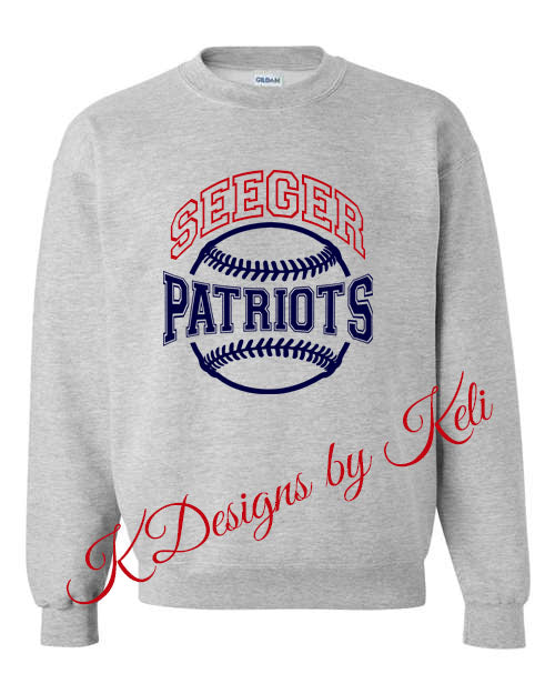 Seeger Patriots Baseball - Grey - T-Shirt, Long Sleeve T-shirt, Crew Neck or Hooded Sweatshirt