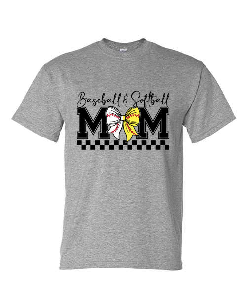 Baseball and Softball Mom Bow - Mom of Both - Front and Back - Grey- Tshirt, Longsleeve T, Crewneck, or Hooded Sweatshirt