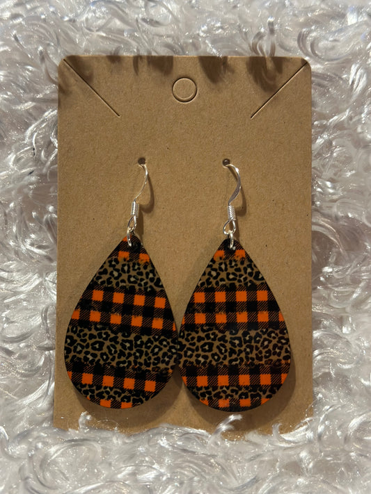 Earrings - Fall - Halloween Orange and Black Plaid and Cheetah