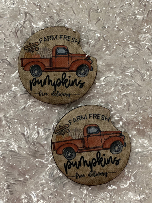 Car Coasters - Set of 2 - Fall Farm Fresh Pumpkins - Red Truck