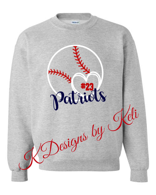 Patriots Baseball - Personalized - Grey - T-Shirt, Long Sleeve T-shirt, Crew Neck or Hooded Sweatshirt