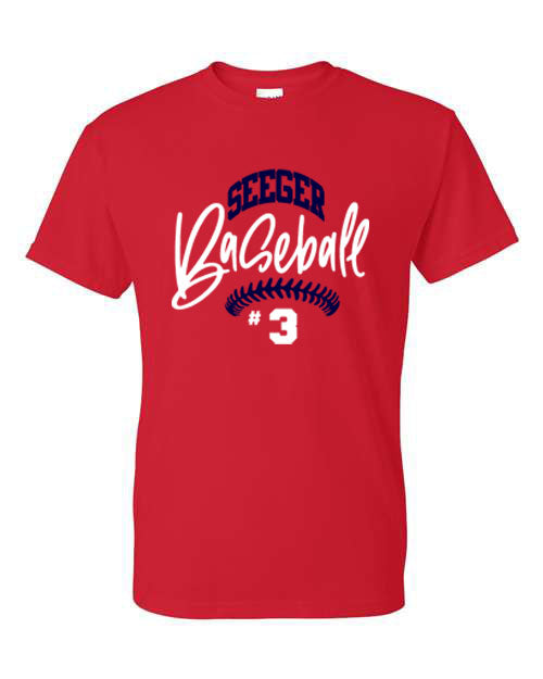 Seeger Patriots Baseball W/ player # Red - Tshirt, Long Sleeve Tshirt, Crew Neck or Hooded Sweatshirt