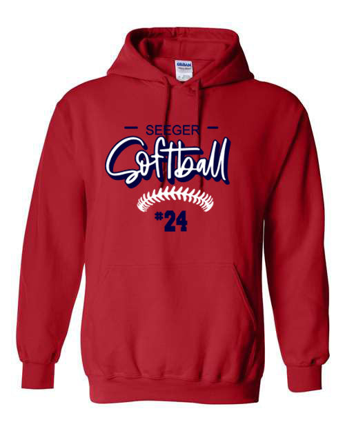 Seeger Patriots Softball W/ player # Red - Tshirt, Long Sleeve Tshirt, Crew Neck or Hooded Sweatshirt