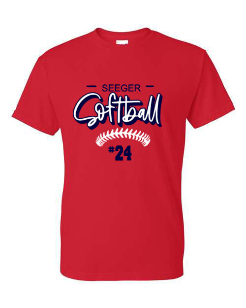 Seeger Patriots Softball W/ player # Red - Tshirt, Long Sleeve Tshirt, Crew Neck or Hooded Sweatshirt