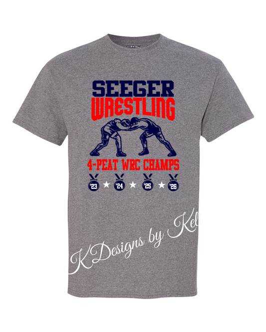 Seeger Patriots Wrestling WRC 4-Peat Champs - Grey - T-Shirt, Long Sleeve T-shirt, Crew Neck or Hooded Sweatshirt