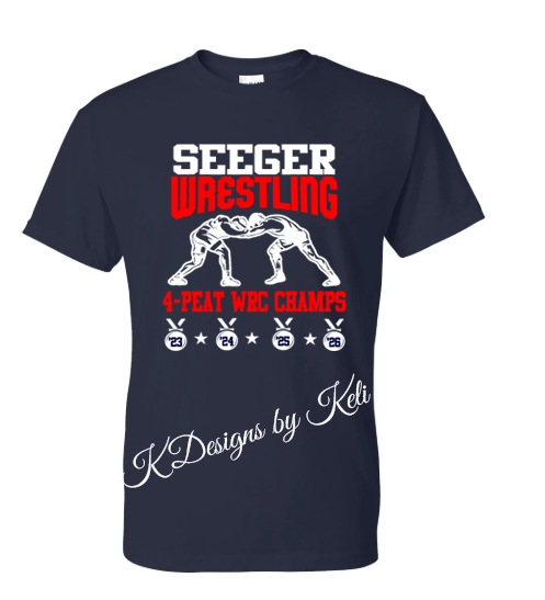 Seeger Patriots Wrestling WRC 4-Peat Champs - Navy - T-Shirt, Long Sleeve T-shirt, Crew Neck or Hooded Sweatshirt