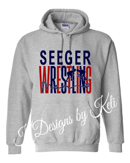 Seeger Boys Wrestling Mom - Grey - Tshirt, Longsleeve T, Crewneck, or Hooded Sweatshirt