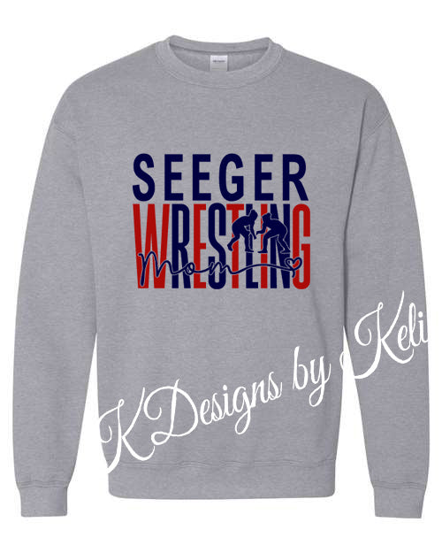 Seeger Girls Wrestling Mom - Grey - Tshirt, Longsleeve T, Crewneck, or Hooded Sweatshirt