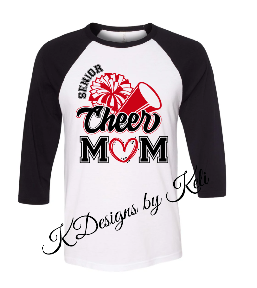 Senior Cheer Mom - 3/4 Sleeve Baseball T - Navy/White or Black/White