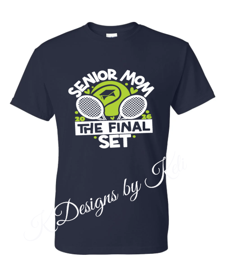 Senior Tennis Mom - Navy - T-Shirt, Long Sleeve T-shirt, Crew Neck or Hooded Sweatshirt