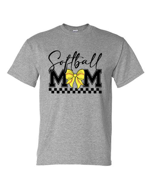 Softball Mom Bow - Front and Back - Grey- Tshirt, Longsleeve T, Crewneck, or Hooded Sweatshirt