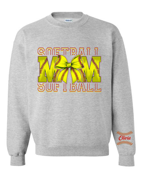Softball Mom Bow - With Sleeve personalization - Front and Sleeve - Grey or Black - Tshirt, Longsleeve T, Crewneck, or Hooded Sweatshirt