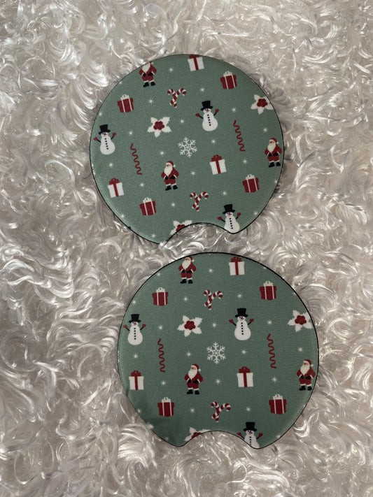 Car Coasters - Set of 2 - mint snowmen, santa, and presents