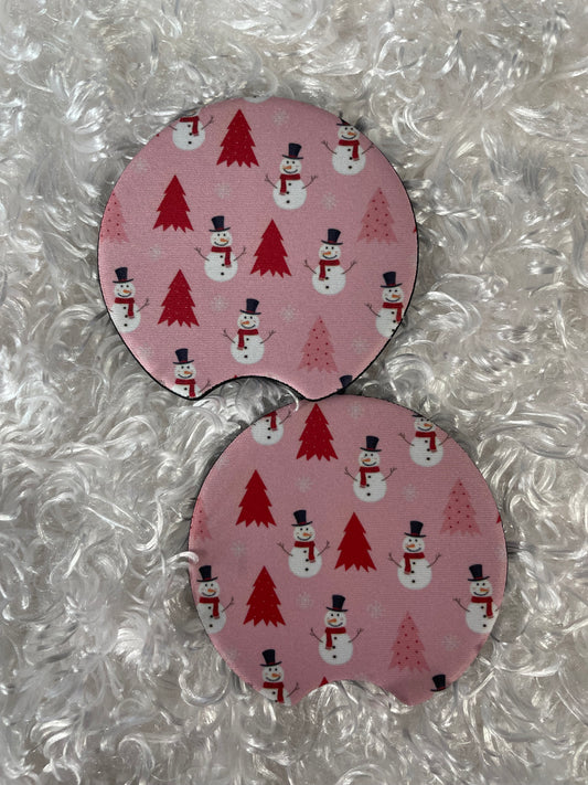 Car Coasters - Set of 2 - Pink/red trees and snowmen