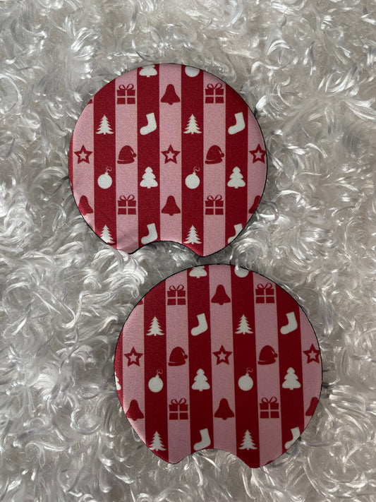 Car Coasters - Set of 2 - pink/red stripes tree, stockings, presents