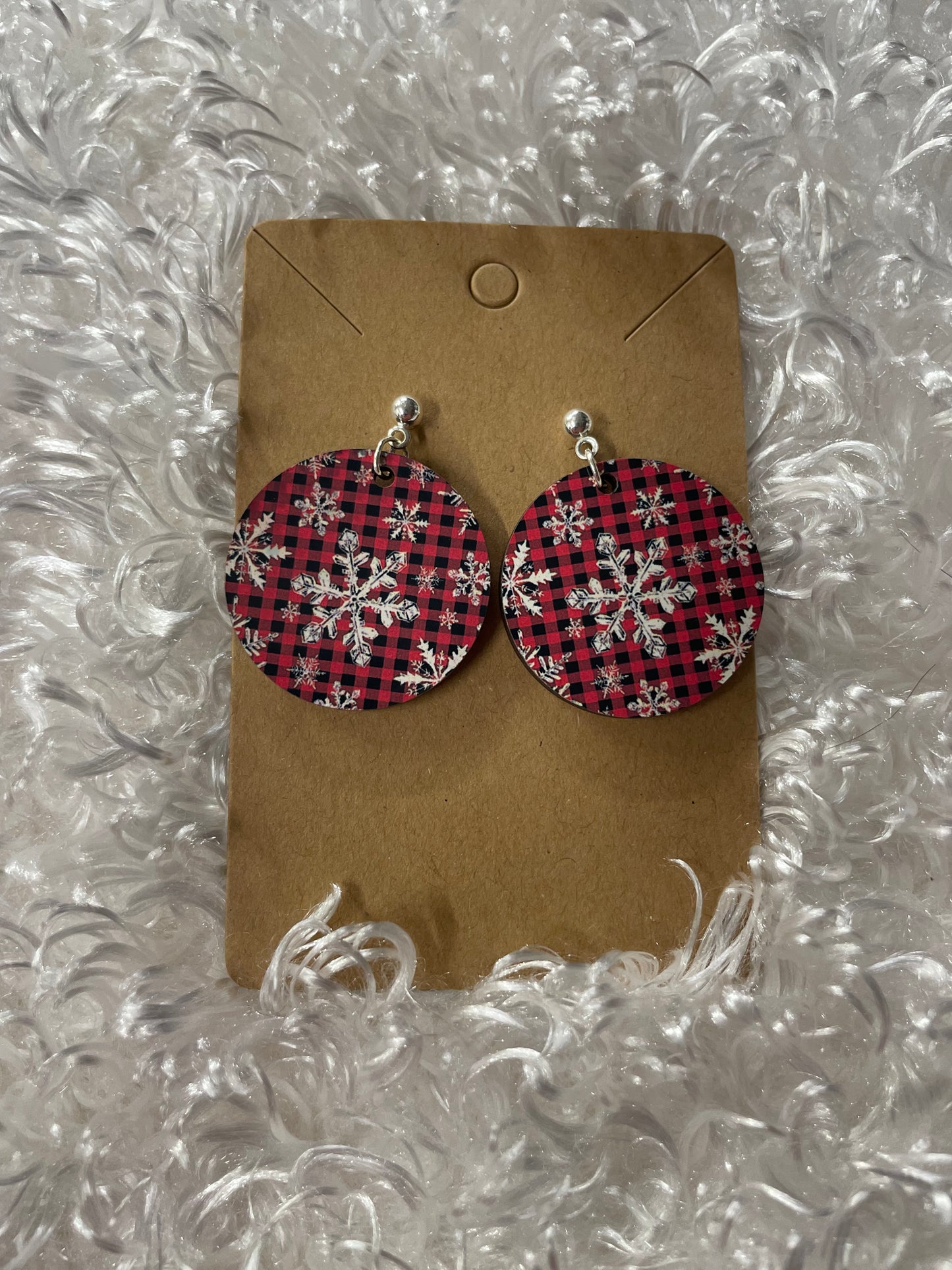 Buffalo plaid with snowflakes circle earrings