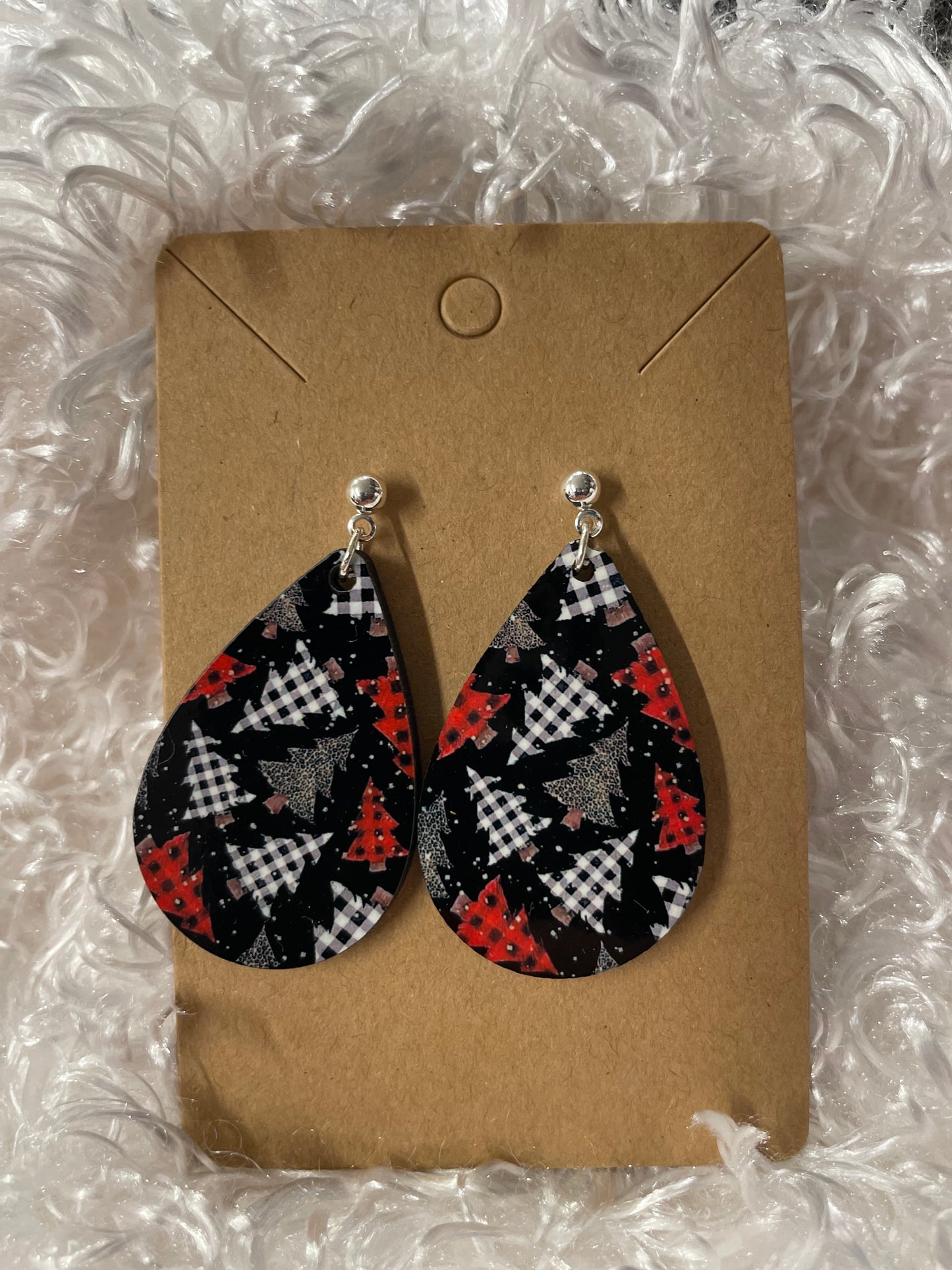 Black and red buffalo plaid Christmas tree teardrop earrings