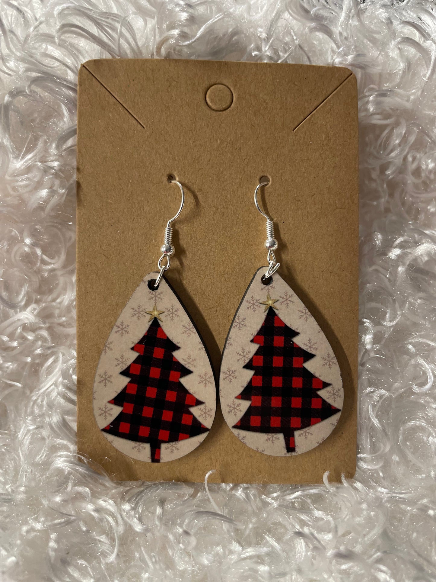 Tan with buffalo plaid Christmas tree teardrop earrings