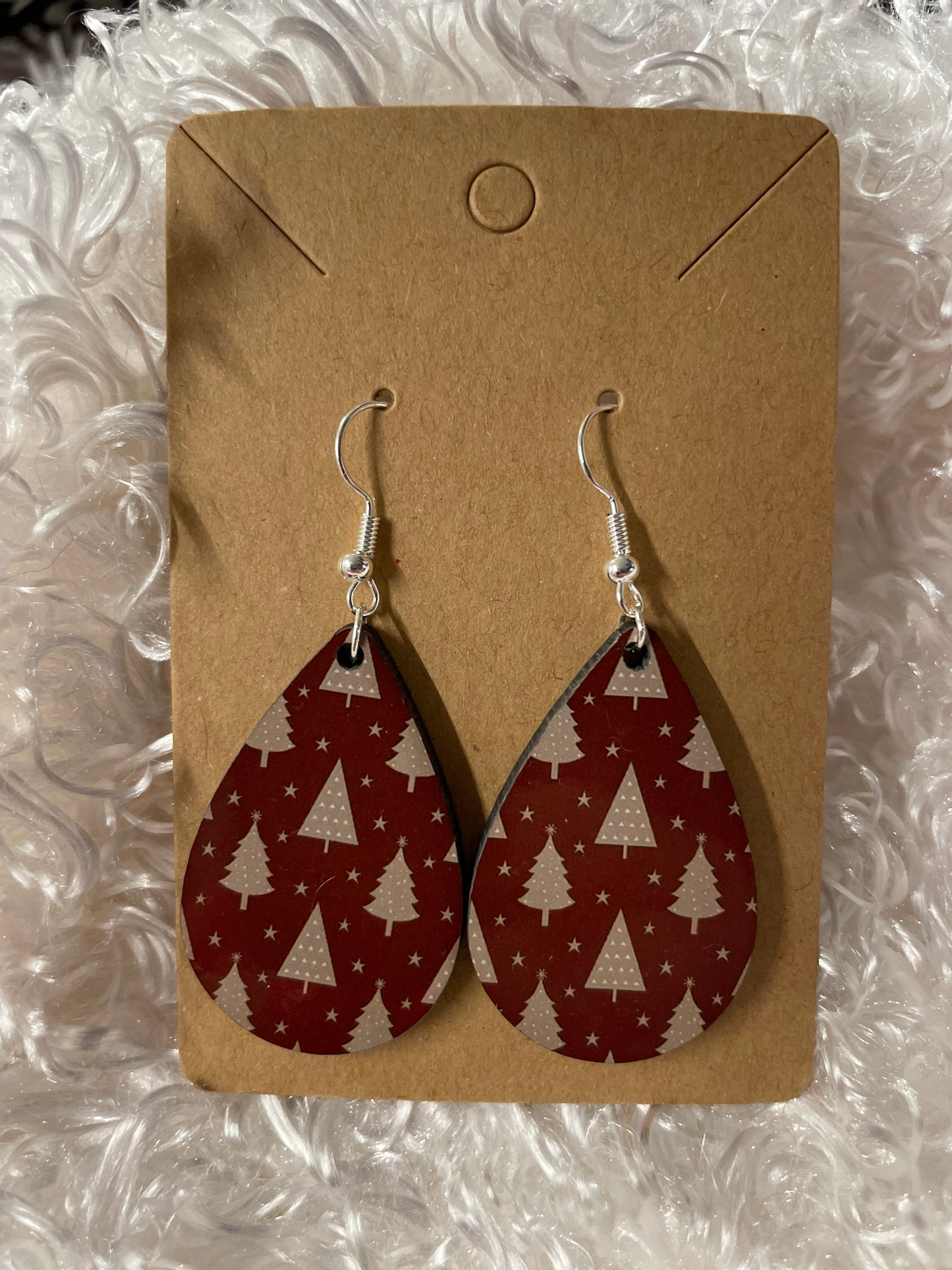 Burgundy with tan Christmas trees teardrop earrings