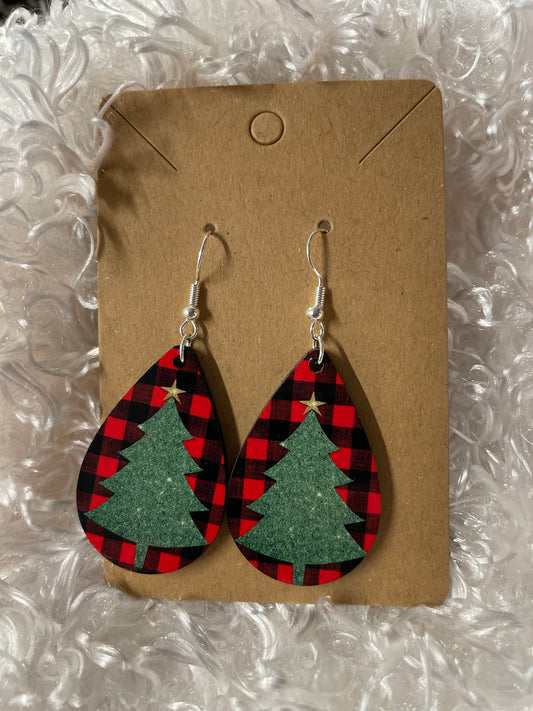 Buffalo plaid with green tree teardrop earrings