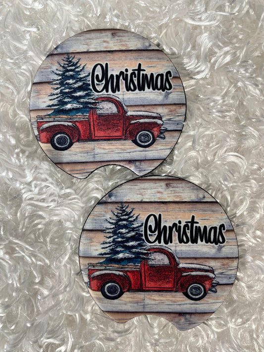 Car Coasters - Set of 2 - Christmas Red Truck