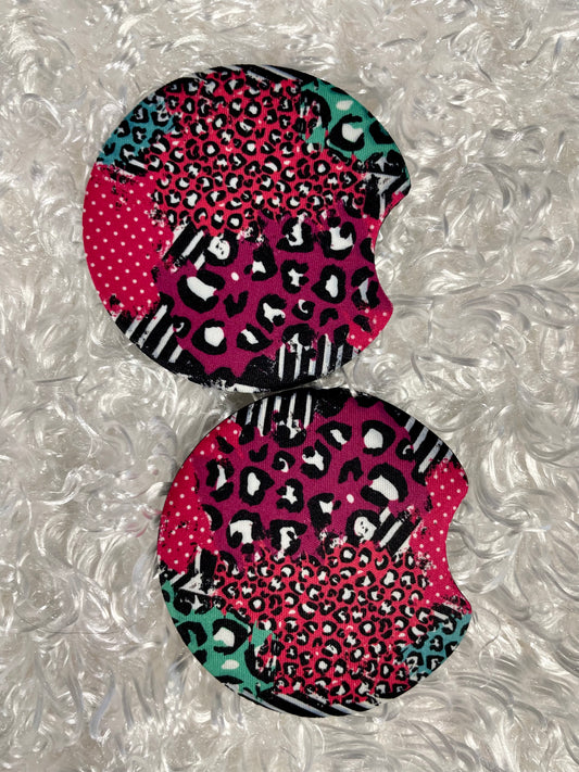 Car Coasters - Set of 2 -pink, black, white, and teal cheetah