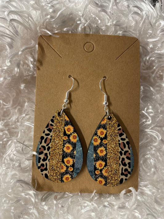 Teal, gold, cheetah, and sunflower teardrop earrings