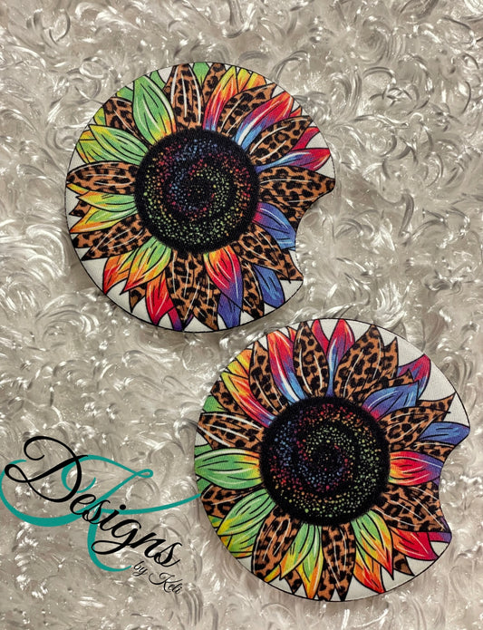 Car Coasters - Set of 2 - Rainbow Sunflowers