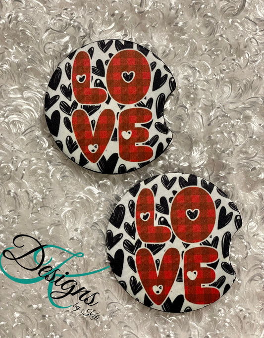 Car Coasters - Set of 2 - Love - Buffalo Plaid Hearts